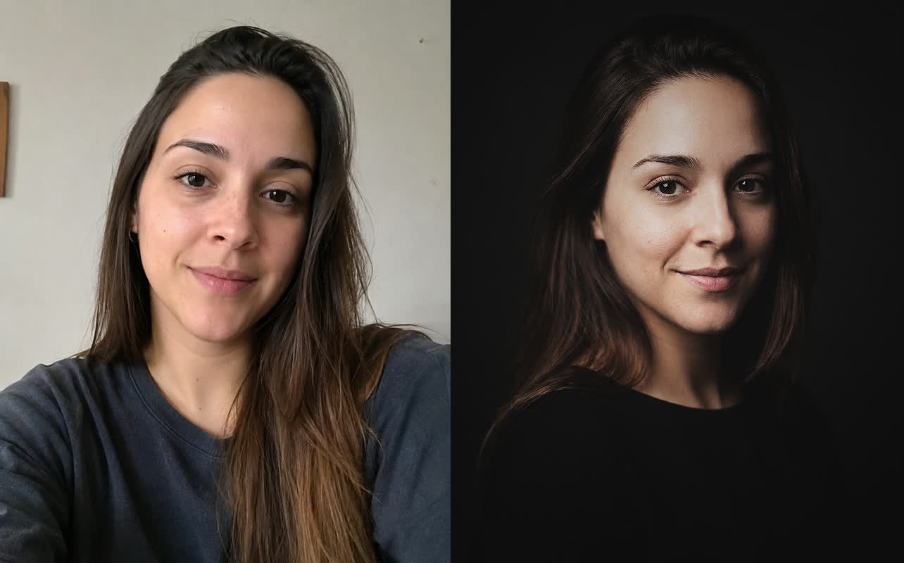 Antes y después: selfie original transformado en retrato profesional con IA (estilo TEST de Maribel Server)