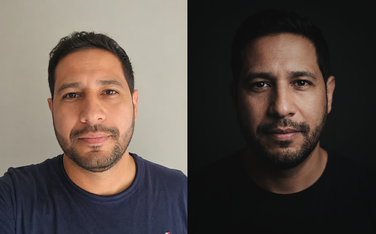 Antes y después: selfie original transformado en retrato profesional con IA (estilo TEST de Maribel Server)