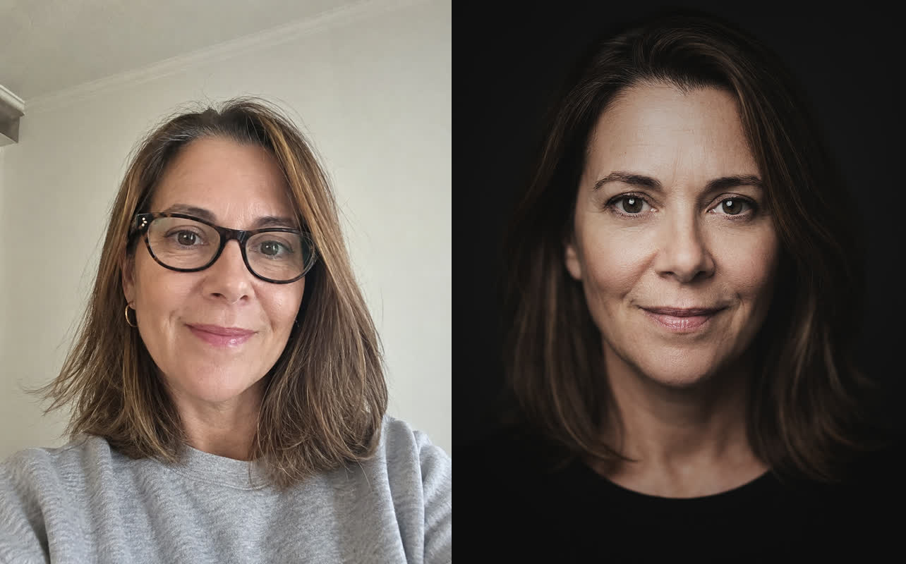 Antes y después: selfie original transformado en retrato profesional con IA (estilo TEST de Maribel Server)