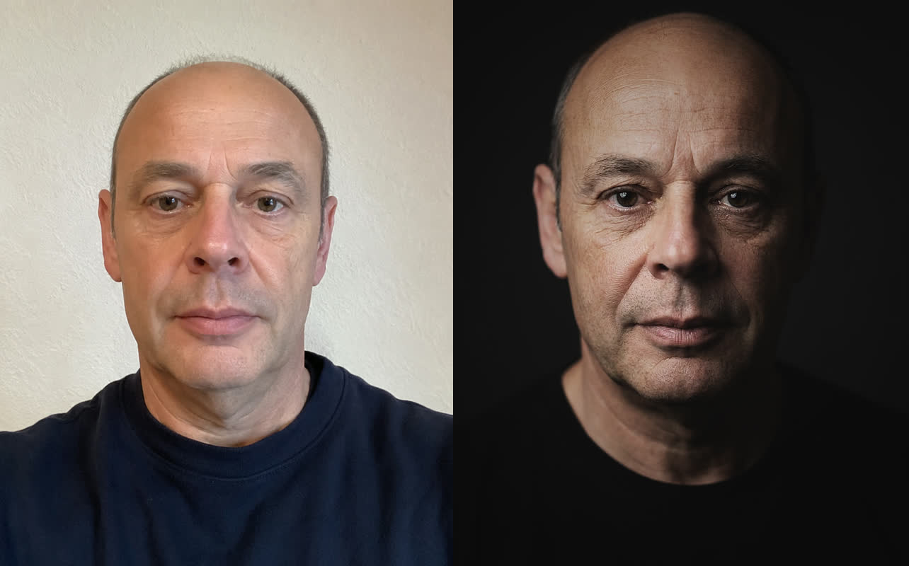 Antes y después: selfie original transformado en retrato profesional con IA (estilo TEST de Maribel Server)
