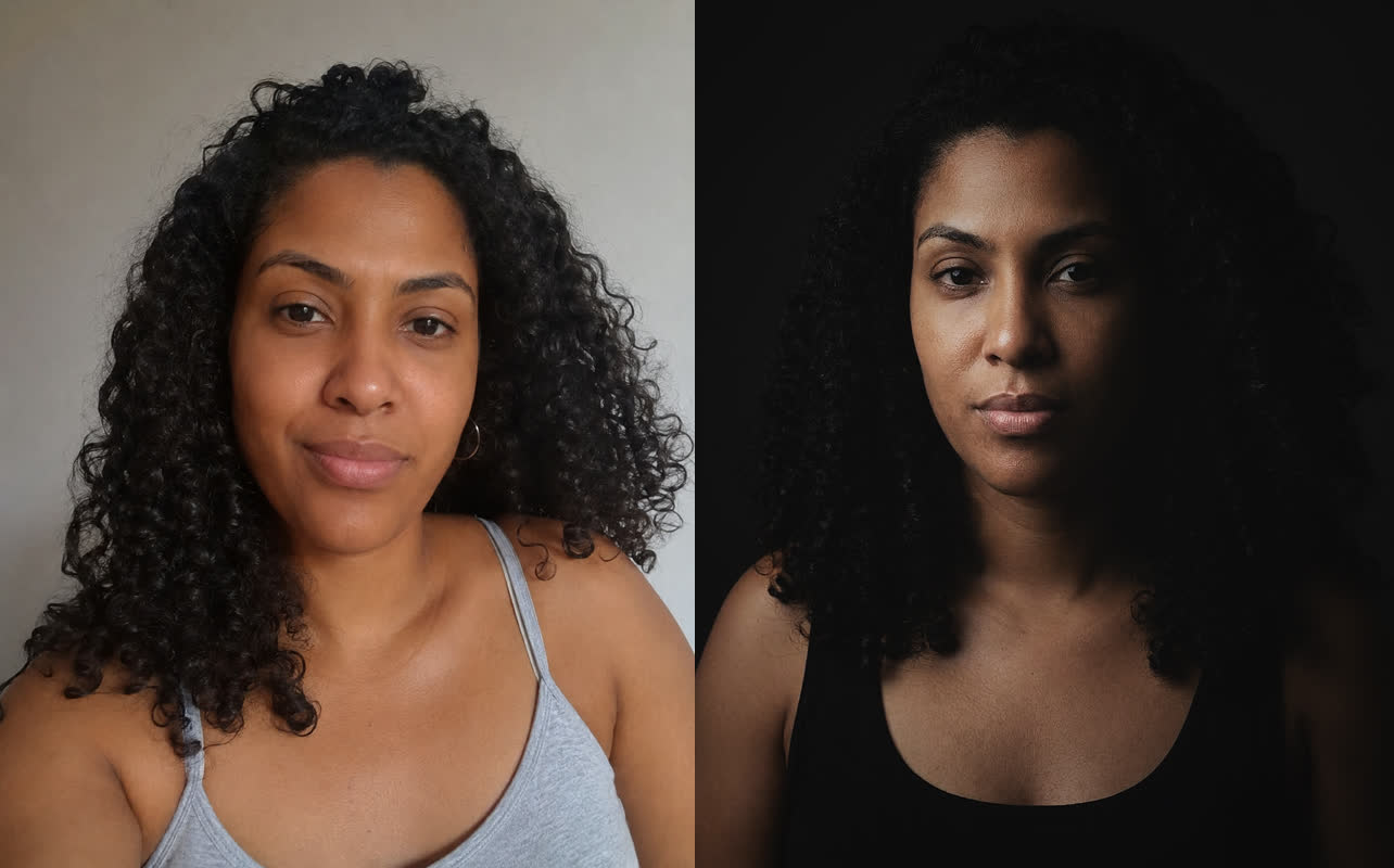 Antes y después: selfie original transformado en retrato profesional con IA (estilo TEST de Maribel Server)
