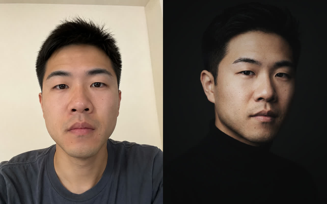Antes y después: selfie original transformado en retrato profesional con IA (estilo TEST de Maribel Server)