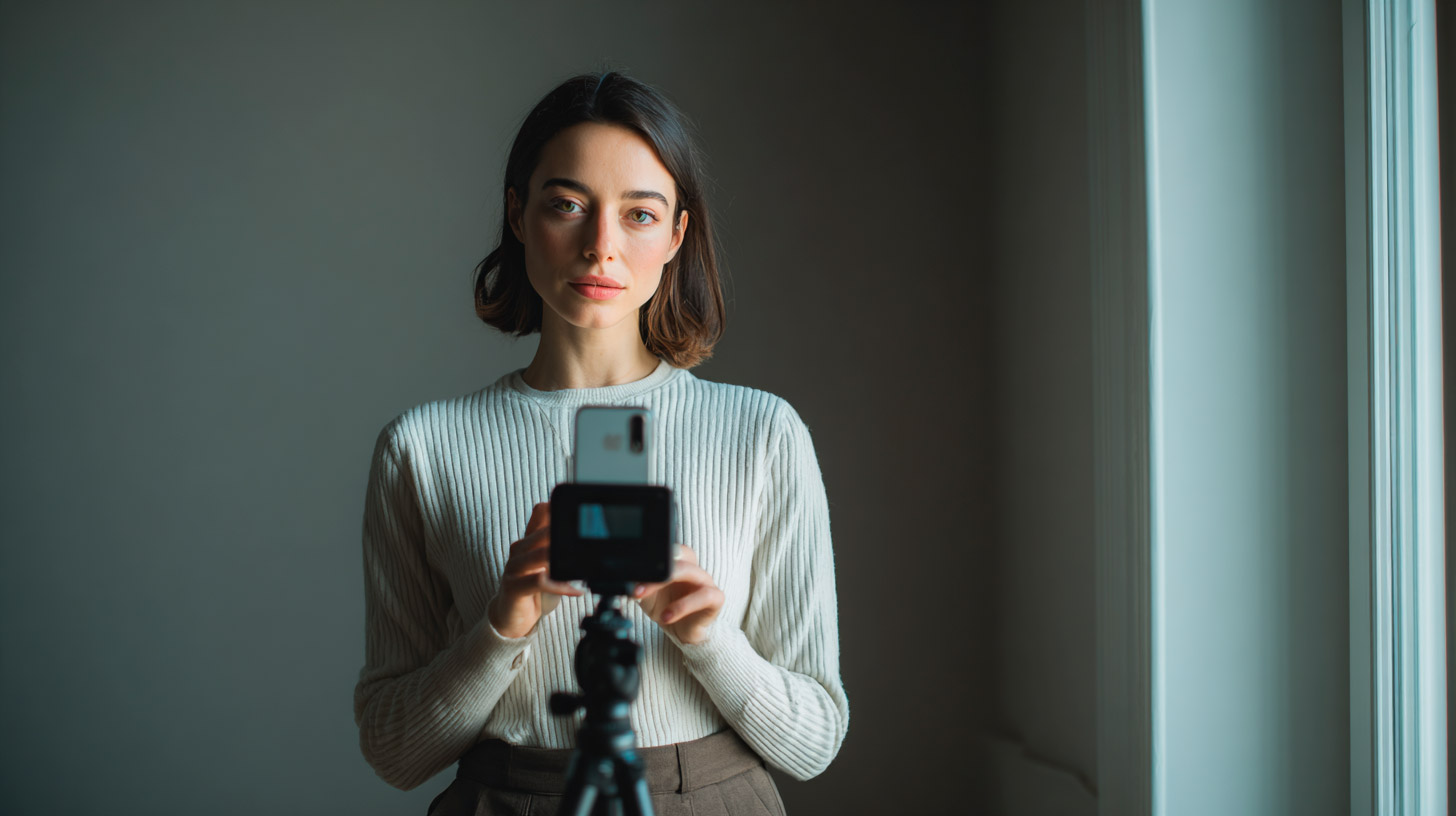 Persona tomándose un selfie neutro con el móvil en trípode junto a una ventana con luz natural difusa