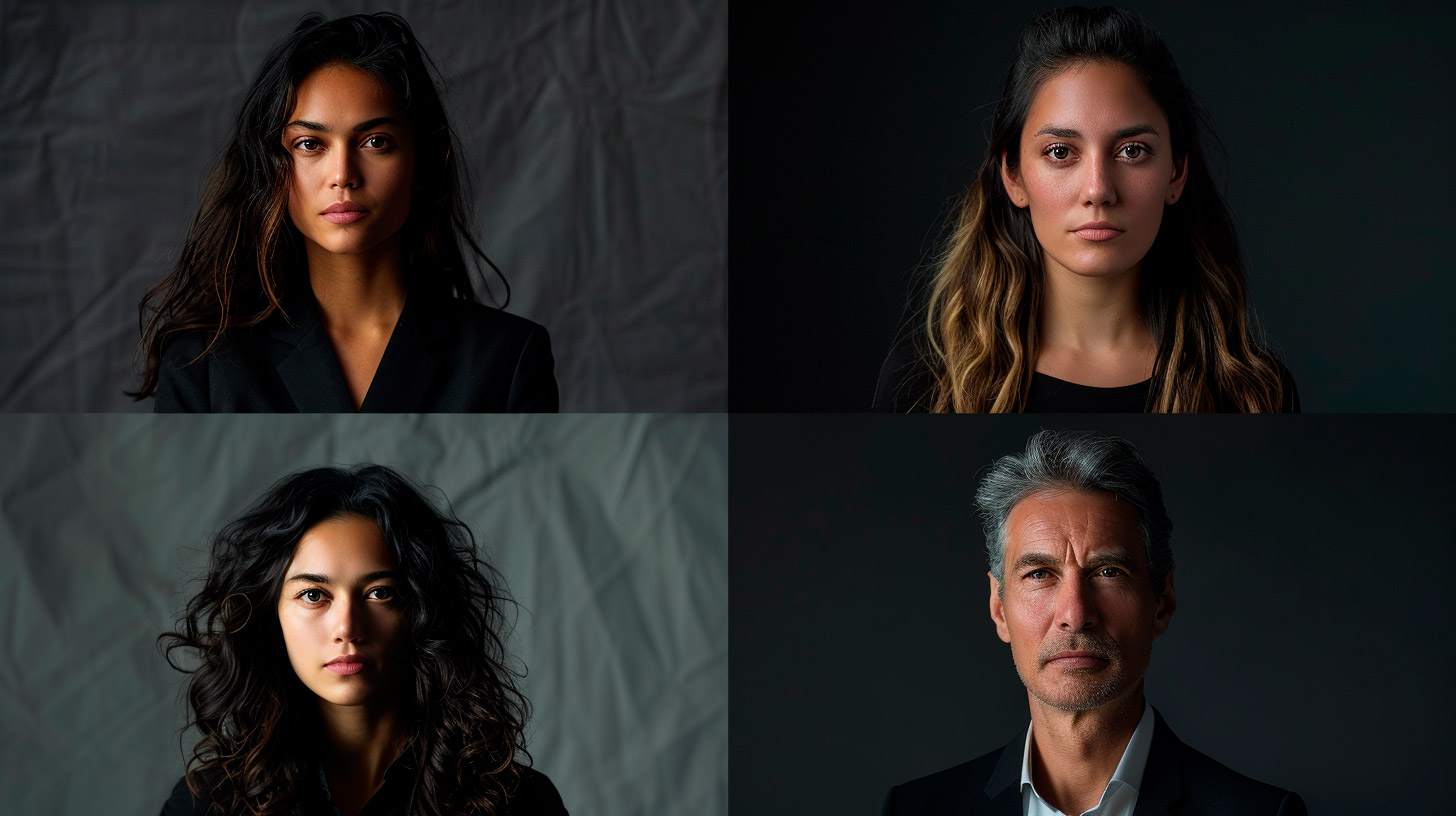 Mosaico de retratos profesionales en distintos estilos editoriales representando varios sectores