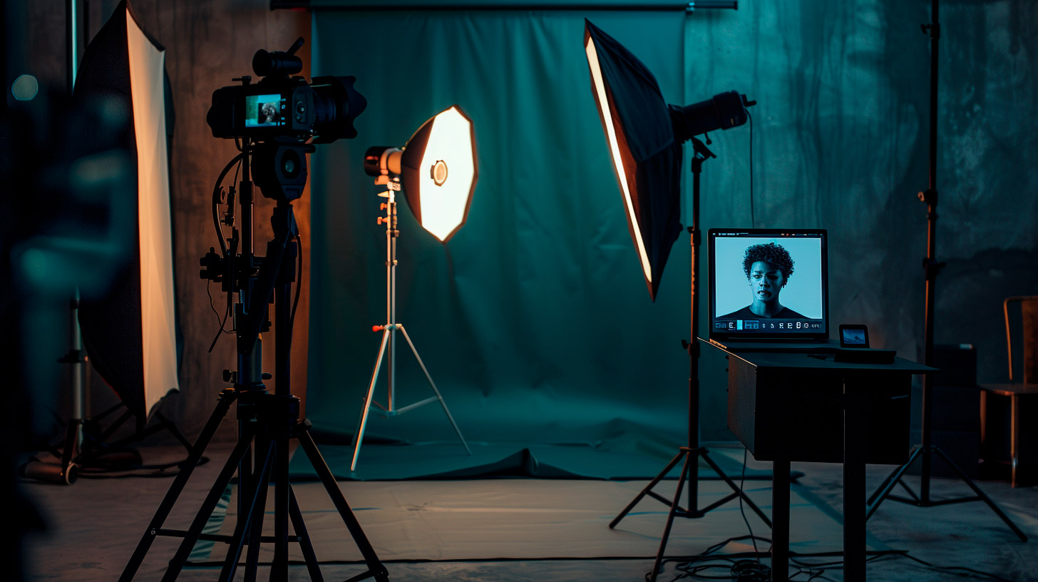 Comparativa visual entre una sesión de fotos presencial en estudio y un retrato corporativo generado con IA