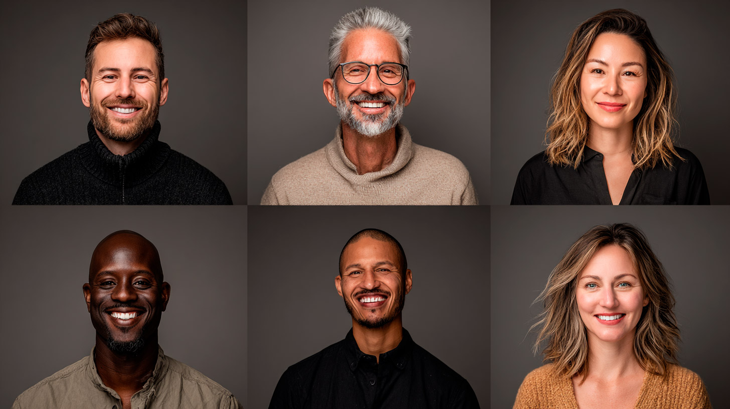 Galería coherente de retratos profesionales de equipo con el mismo fondo, iluminación y encuadre, estilo Clean Studio Grey
