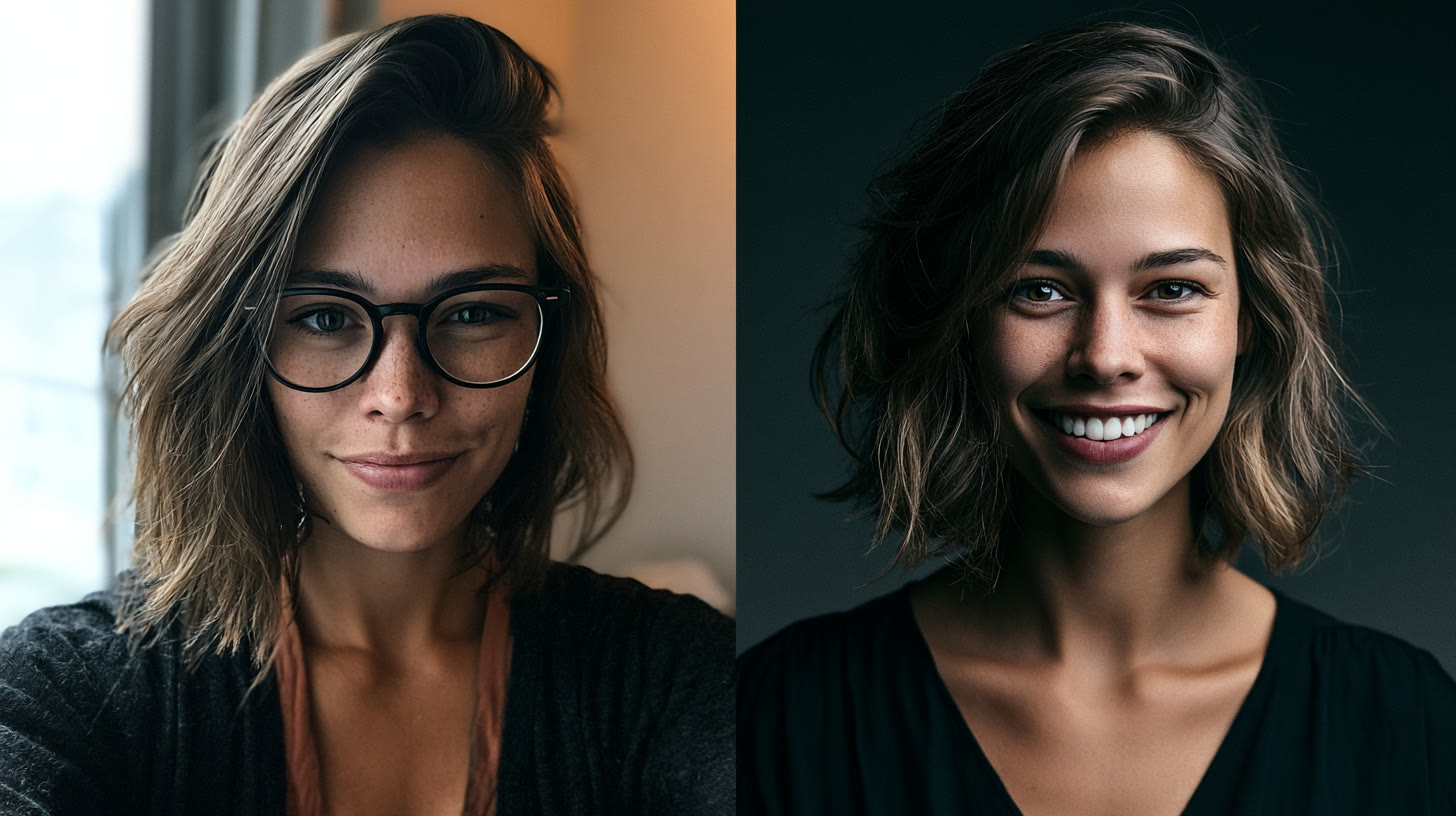 Comparación entre un selfie casero de partida y el retrato profesional de LinkedIn generado con IA, con fondo neutro e iluminación de estudio