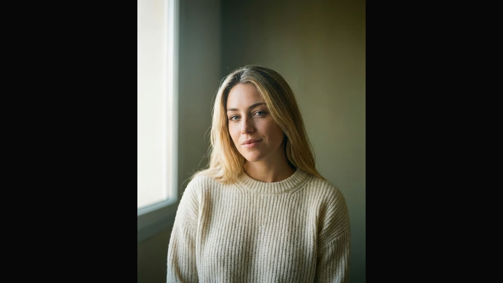 Retrato con look Kodak Portra 400 y grano de película de 35 mm, con tonos de piel cálidos y textura analógica suave