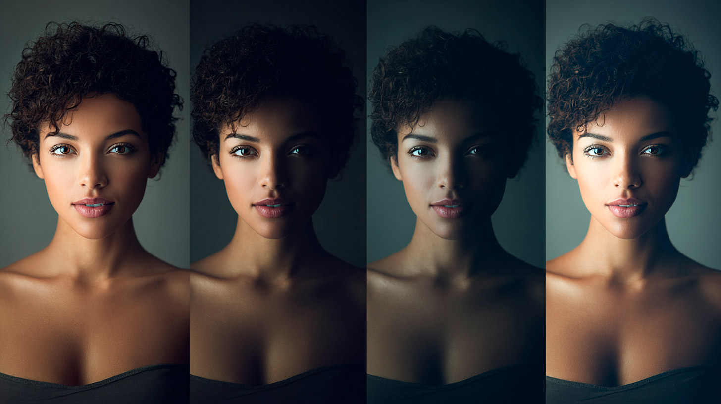 Mosaico editorial del mismo rostro iluminado con cuatro esquemas clásicos de iluminación de estudio diferentes