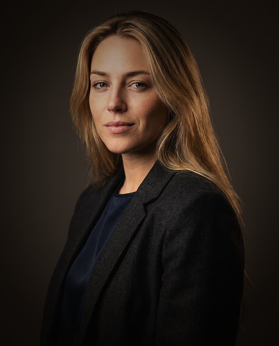 Retrato profesional con IA en estilo Executive Warm — ejemplo 4 sobre un rostro distinto, por Maribel Server