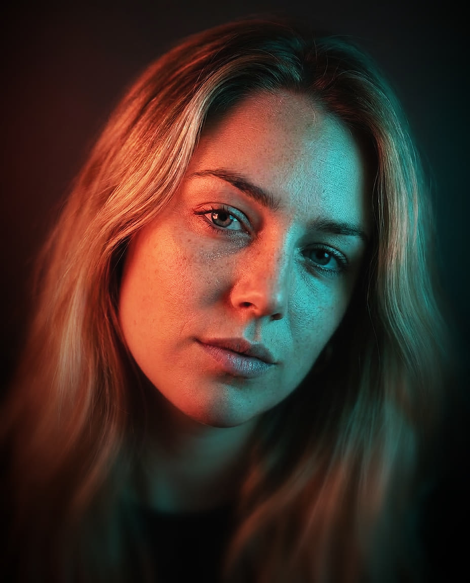 Retrato profesional con IA en estilo Neon Split Editorial — ejemplo 6 sobre un rostro distinto, por Maribel Server